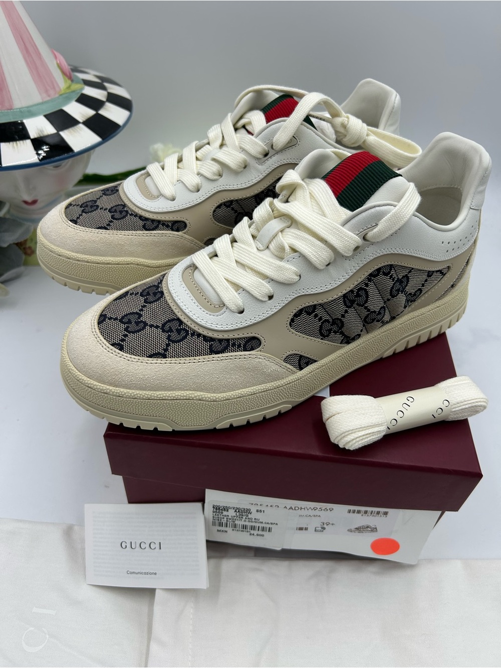 Women's Gucci Cream and Beige GG Canvas Low-Top Sneakers with Red-Green Web 39.5 - Picture 6 of 11